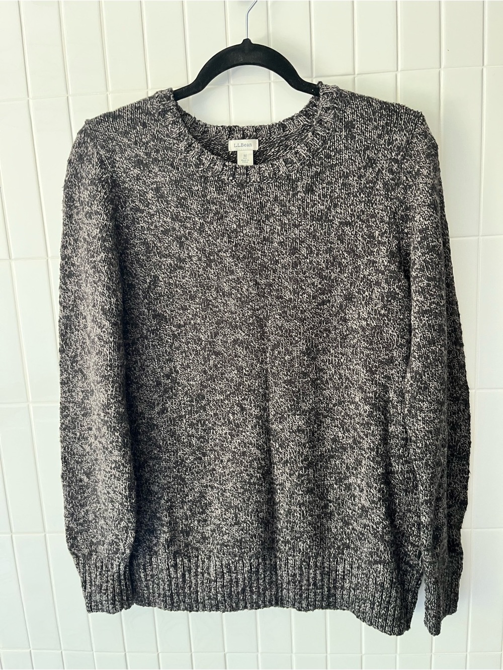 L.L.Bean Marled Gray Chunky Knit Sweater Womens M Cotton Crewneck